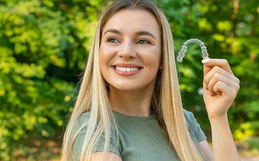 A young woman with orthodontic retainers.
